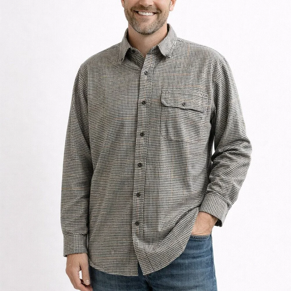 Orvis Men's XL Button-Up Shirt Brown Check Cotton Twill Casual Outdoor